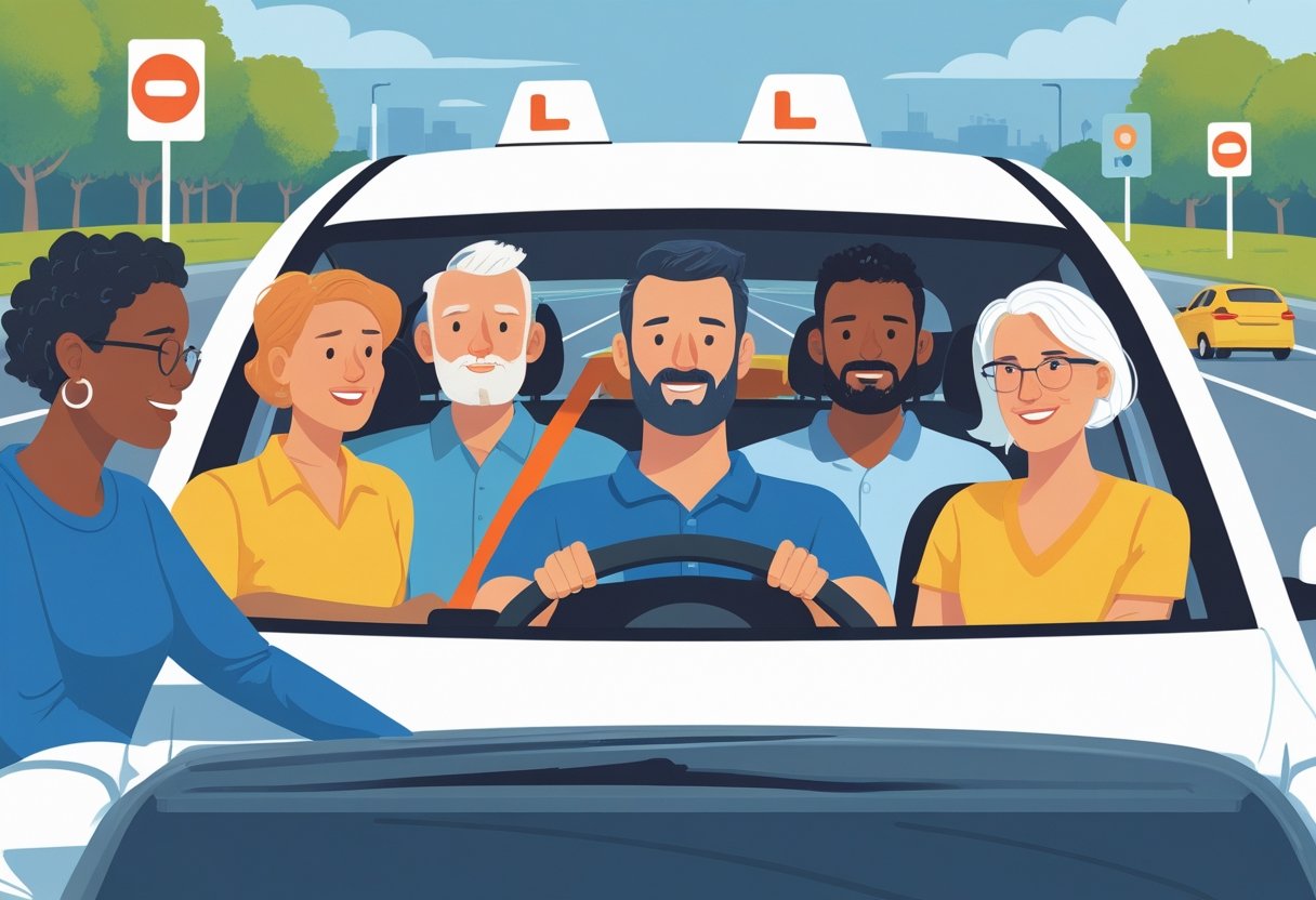 Adults in their 30s learning to drive with an instructor in a car on a clear road, showing focus and support.