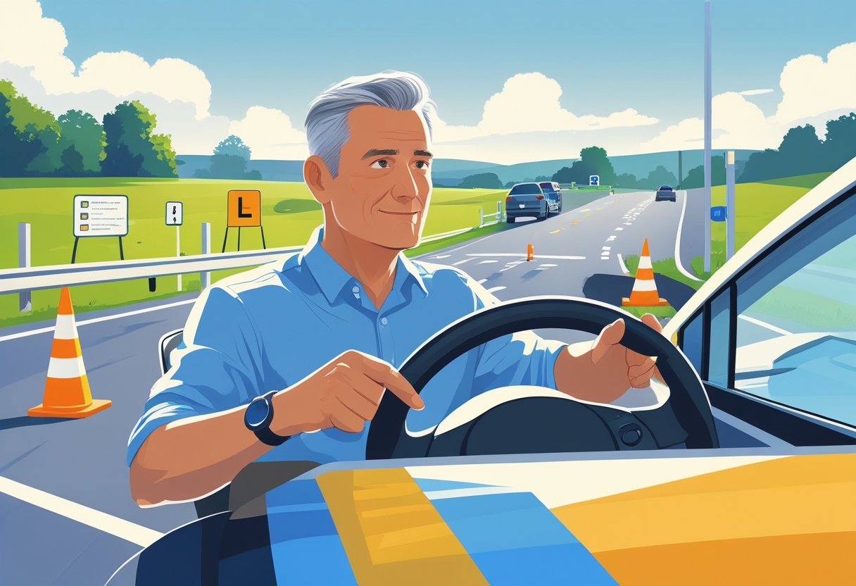 An adult in their 40s driving a car with an instructor beside them on a driving course.