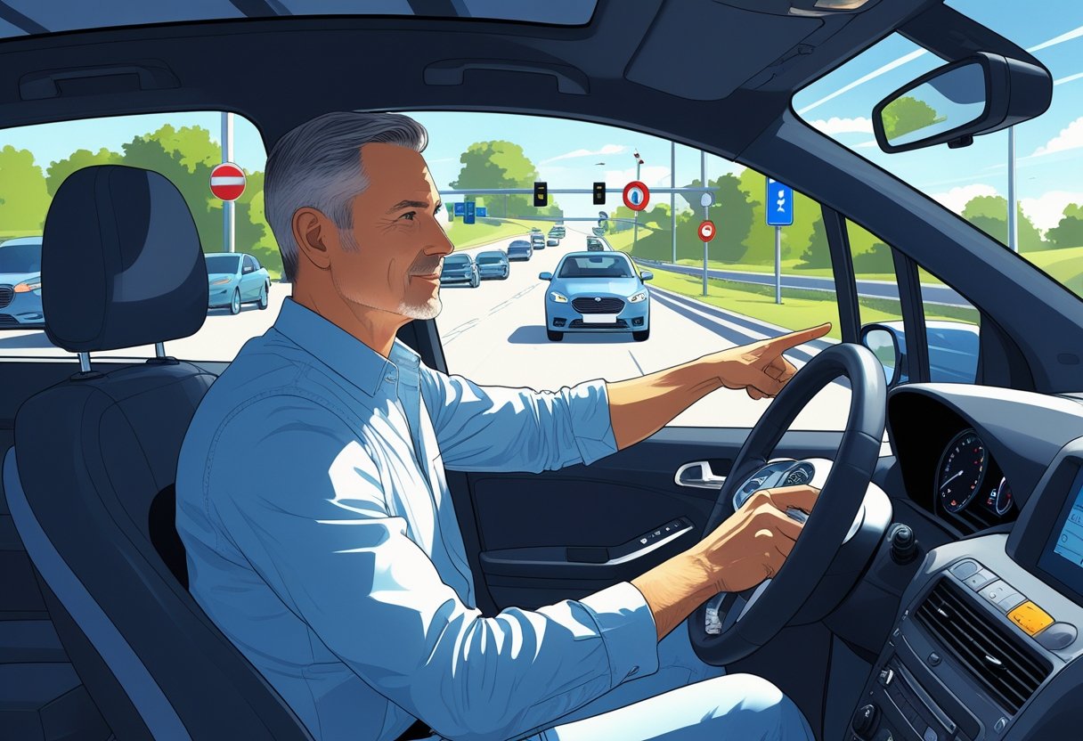 An adult in their 40s driving a car with a driving instructor beside them on a city street.