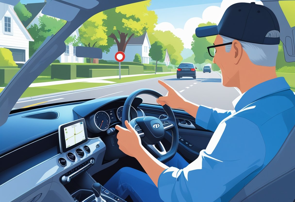 An adult learner in their 40s receiving driving instruction inside a car on a quiet suburban street with a driving instructor pointing ahead.