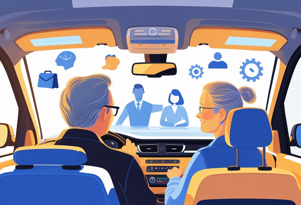 Adults in their 40s learning to drive with an instructor in a car, surrounded by subtle icons representing work, family, and personal challenges.