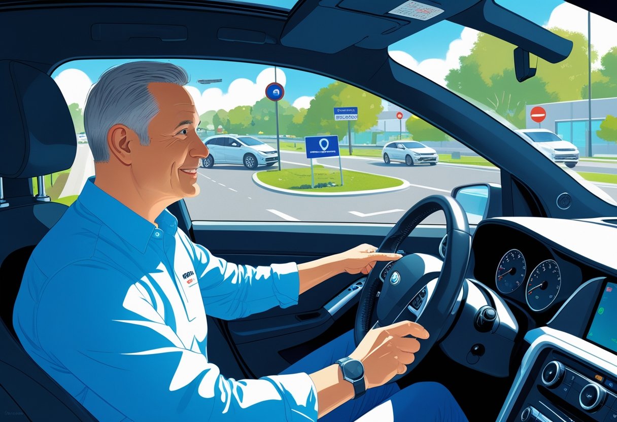 A middle-aged person seated in a car with a driving instructor beside them, both focused on driving on a suburban road.