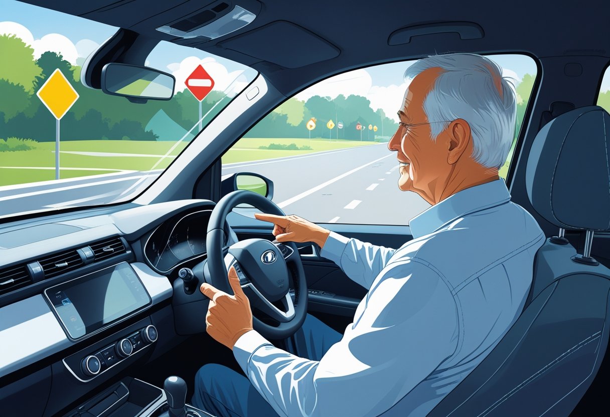 A mature learner driver over 50 being guided by a driving instructor inside a car on a quiet suburban road.