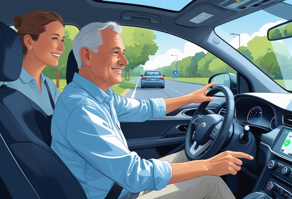 A mature learner driver over 50 receiving driving instruction from an instructor beside them in a car on a quiet suburban road.