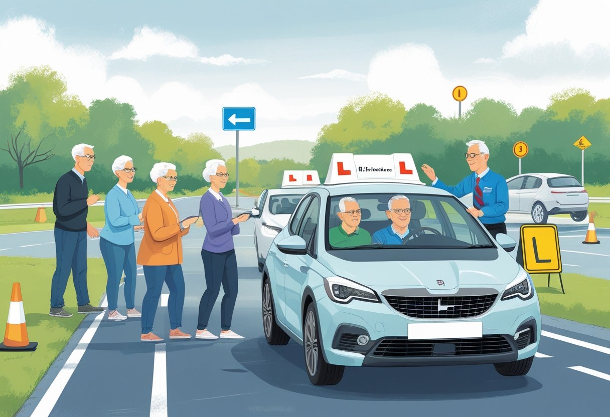 An older learner receiving driving instruction from a patient instructor in a car on a marked driving course, showing support and focus.