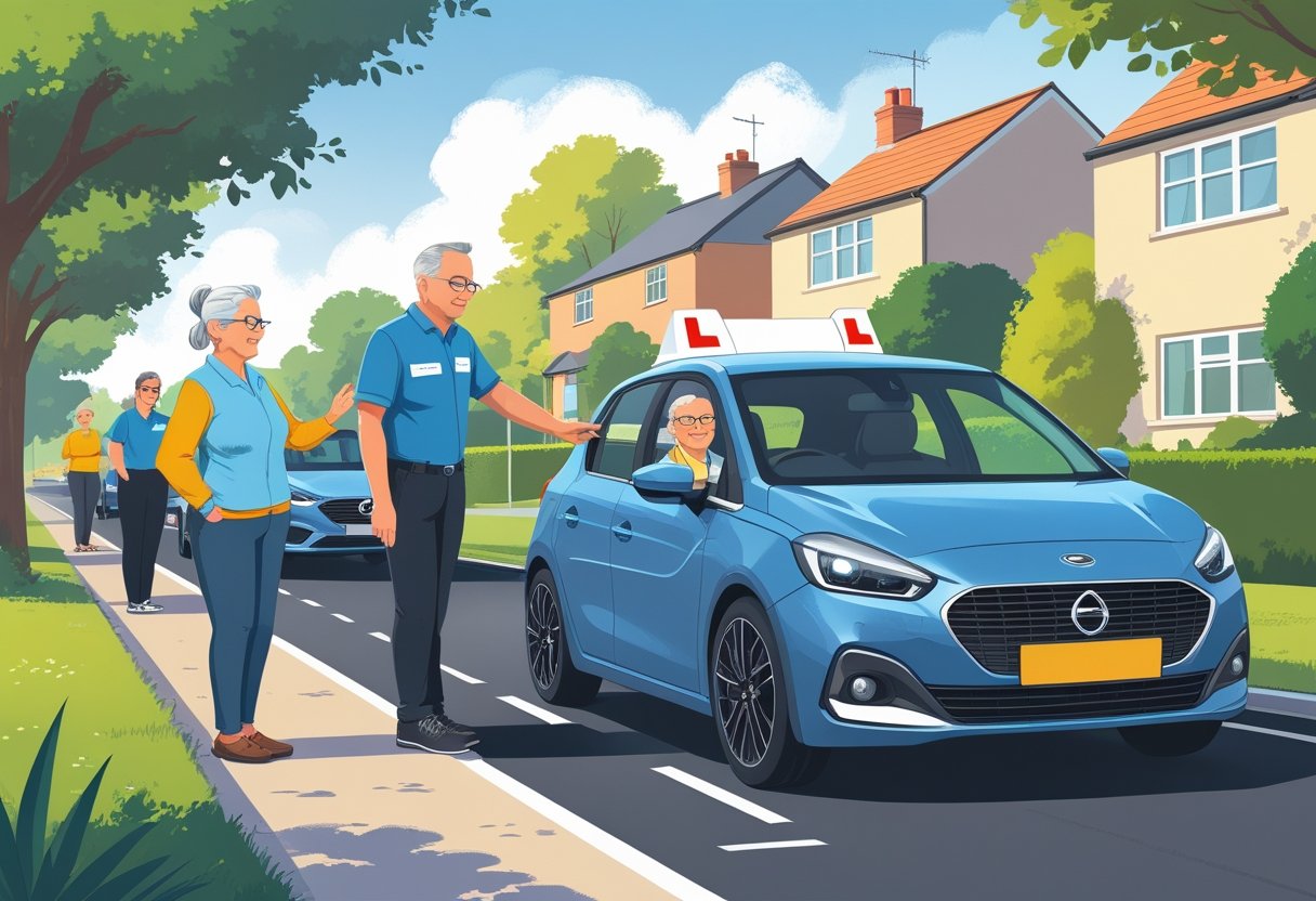 An older learner driver being guided by a driving instructor in a training car on a suburban road with houses and greenery.