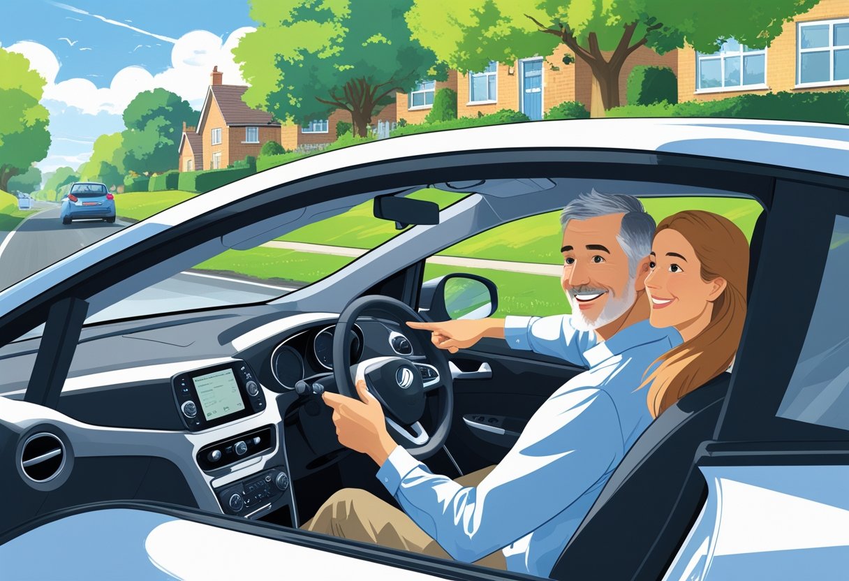 A mature learner driver over 50 sitting in a car with a driving instructor on a quiet suburban road, both looking focused and positive.