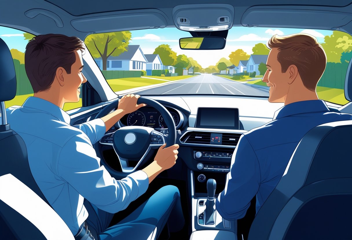 A parent learning to drive with a driving instructor inside a car on a suburban street.