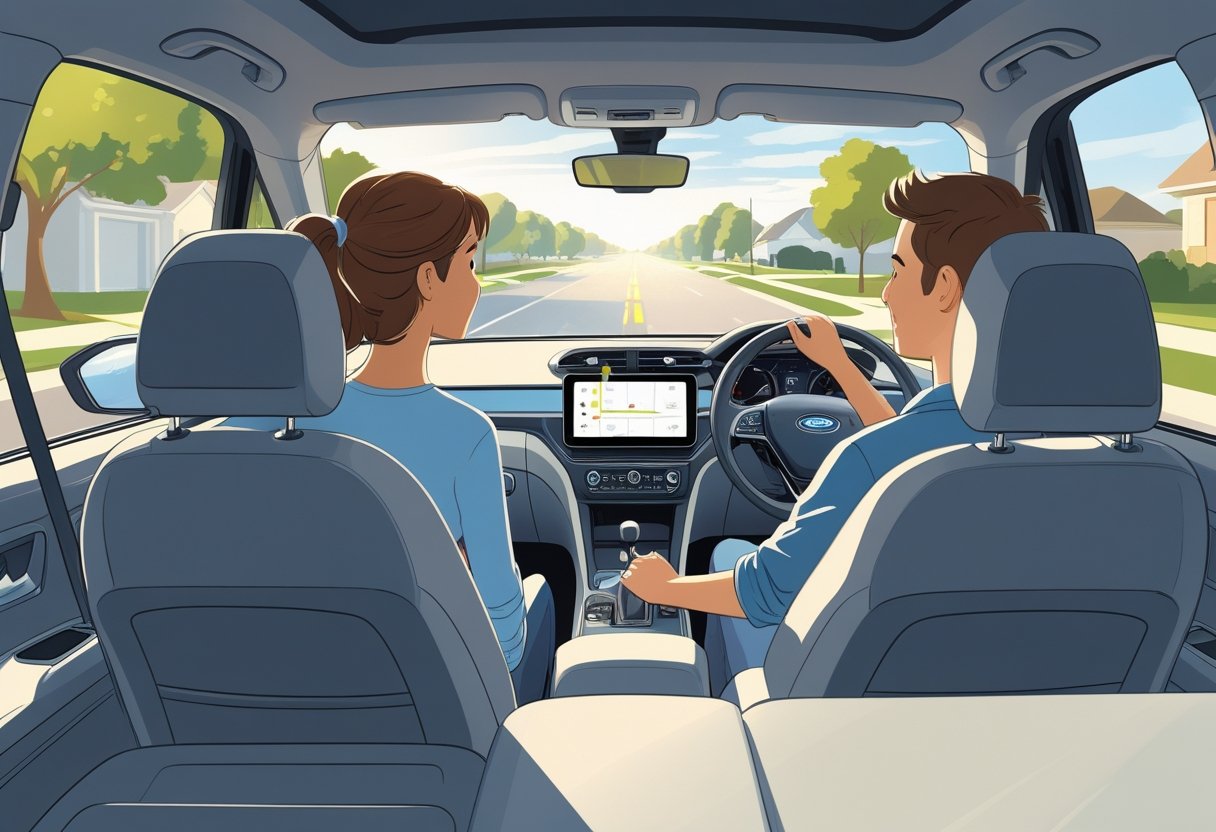 A parent and teenage child inside a car, with the parent guiding the young driver during a driving lesson in a quiet suburban area.