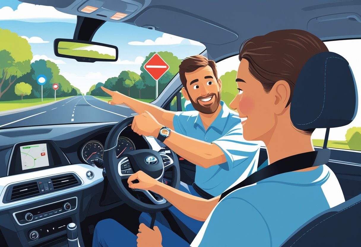 A driving instructor teaching a parent how to drive in a car on a quiet suburban street.