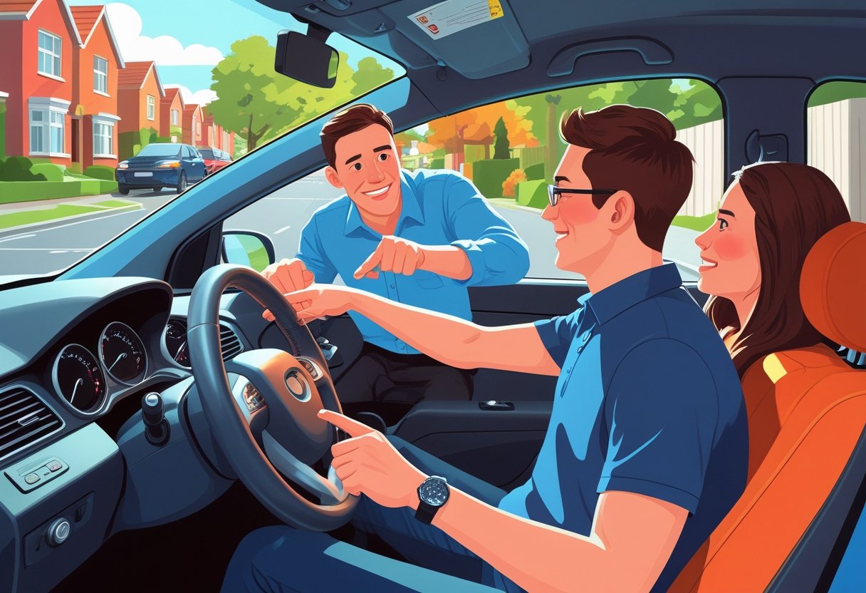 A learner driver in a car receiving guidance from a driving instructor while a parent watches supportively outside.
