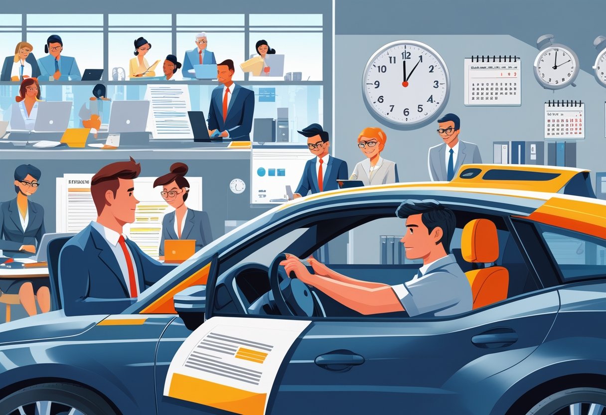 A busy professional receiving driving instruction inside a car while others work in an office environment with clocks and calendars visible.
