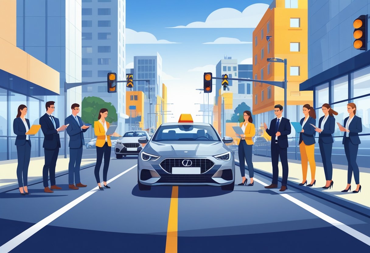A group of professionals in business clothes learning to drive with an instructor in a city setting.