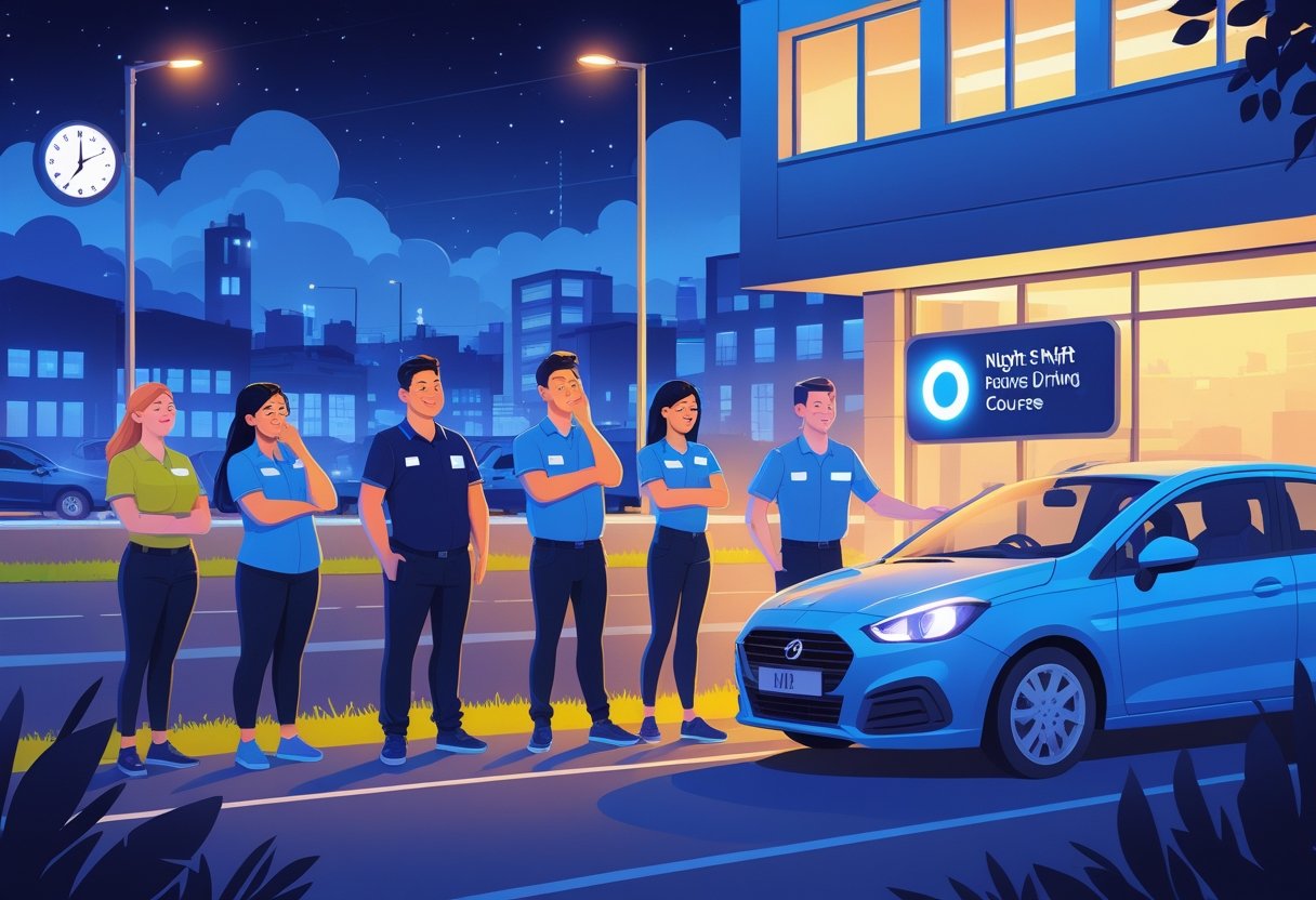 A group of tired night shift workers standing outside a driving school at night, talking with a driving instructor beside a car under streetlights.