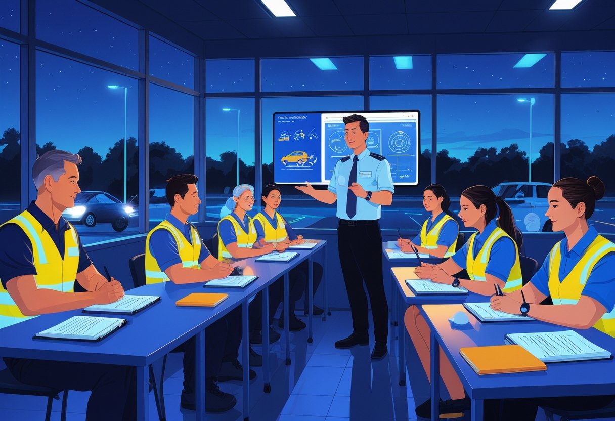 A group of night shift workers in a classroom attentively learning driving skills from an instructor during the evening.