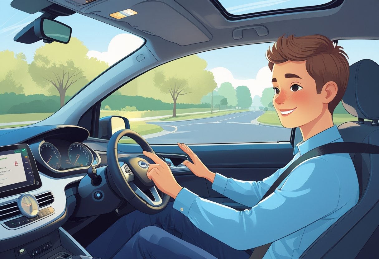 A driving instructor and a learner sitting together in a car on a quiet suburban street, both appearing calm and focused.