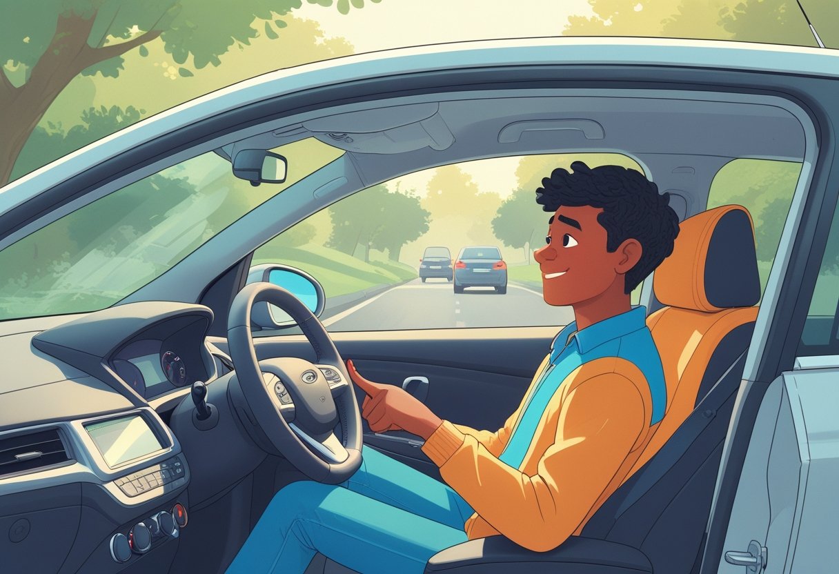 A learner driver and instructor in a car on a quiet street, with the learner looking calm and focused and the instructor offering support.