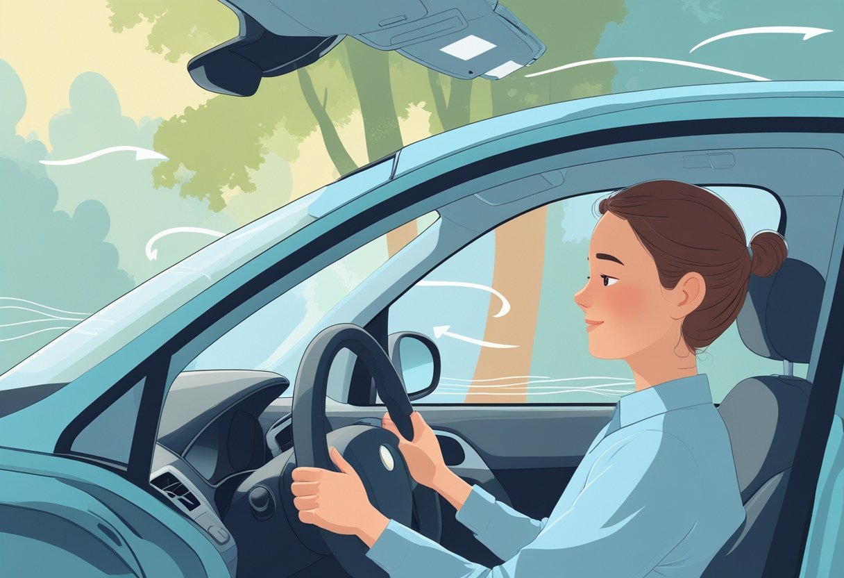 A calm driving instructor supports a relaxed learner inside a car surrounded by a peaceful outdoor setting, symbolising help for people with anxiety during driving lessons.