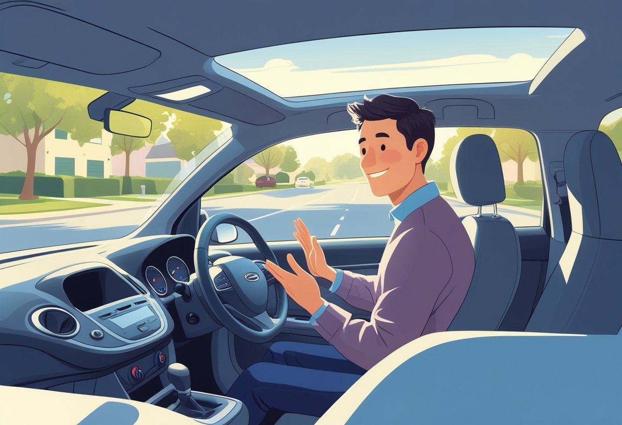 A driving instructor and a learner sitting together in a car on a quiet street, both looking calm and focused.