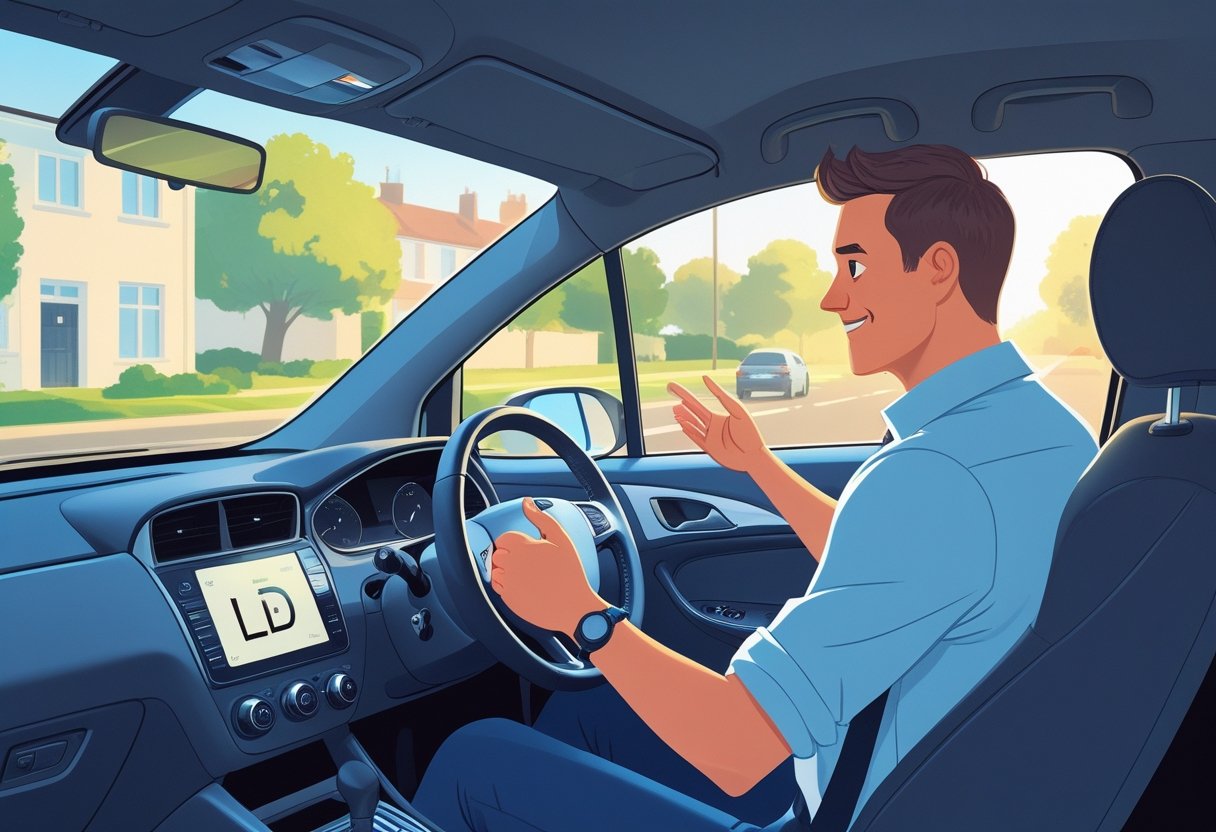 A learner driver and a driving instructor sitting calmly inside a car on a quiet suburban street, with the instructor offering reassuring guidance.