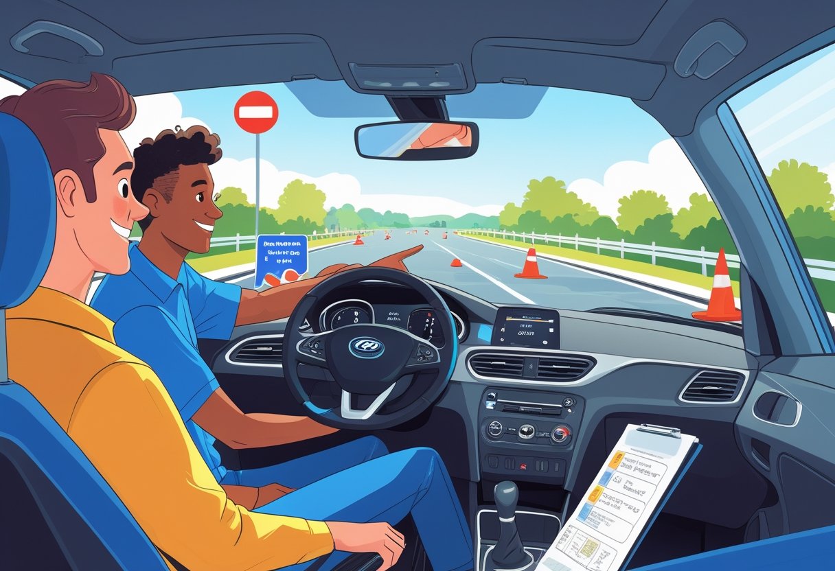 A person with dyslexia driving a car with a supportive instructor beside them on a sunny driving course.