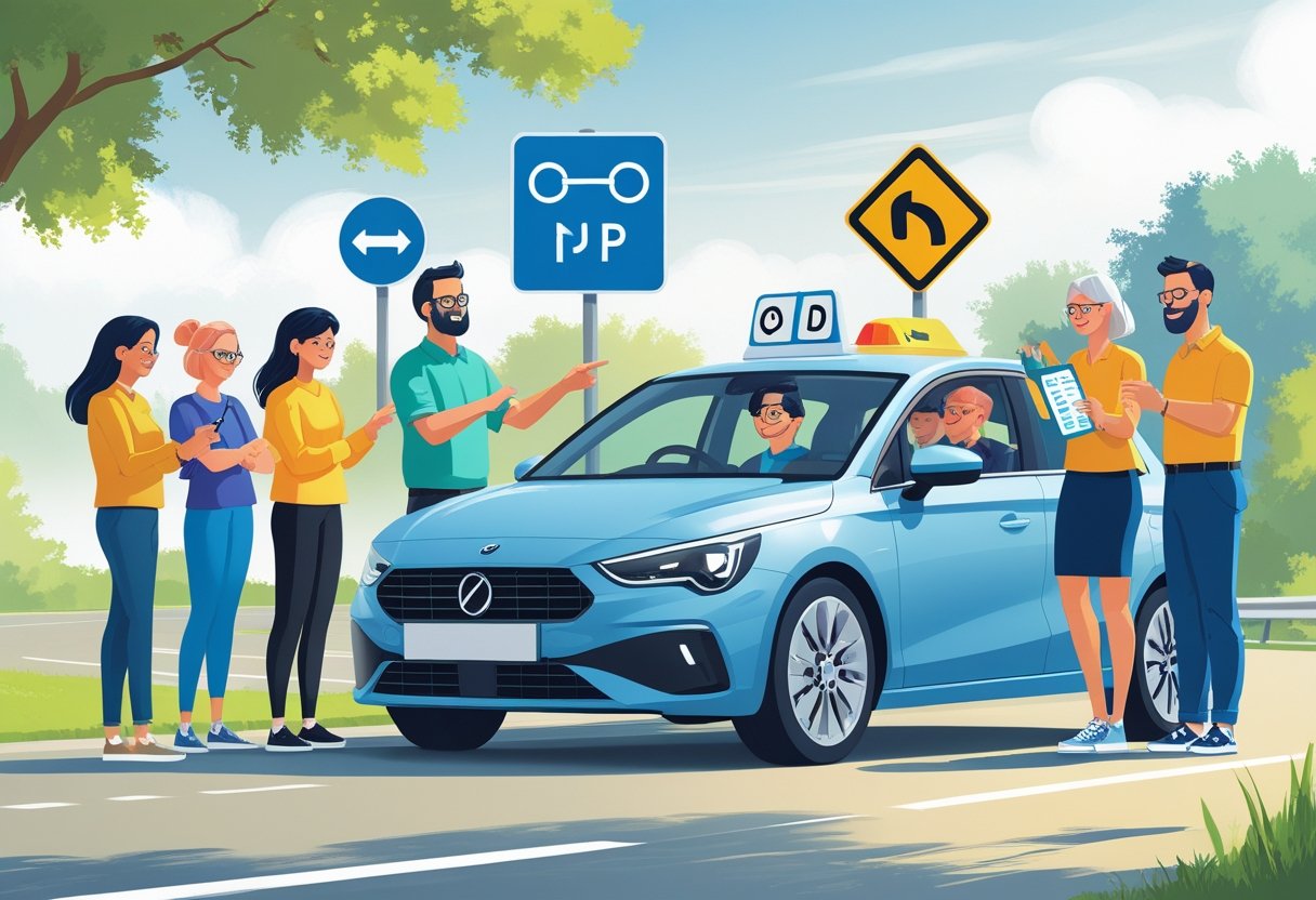 A driving instructor teaching a diverse group of adults in a car with clear, simple road signs and visual aids designed for people with dyslexia.
