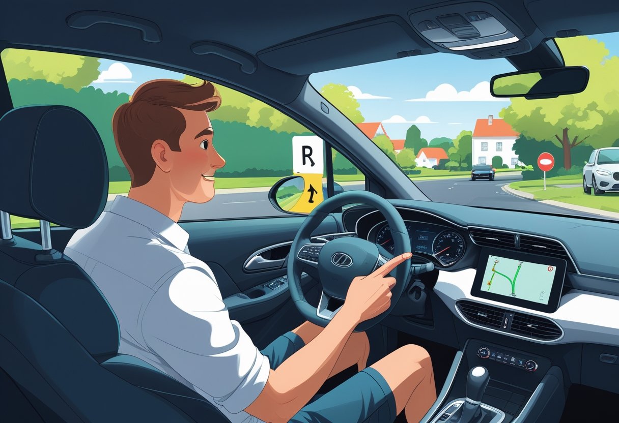 A young adult with dyslexia learning to drive in a car with a friendly instructor on a sunny suburban road.