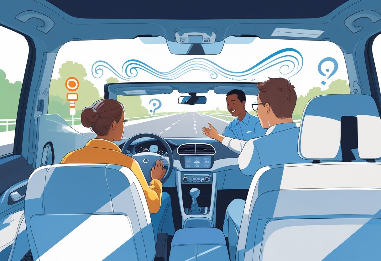 A driving instructor supports a learner with dyslexia inside a car, with symbols of letters and numbers fading around them, set on a clear road with road signs.