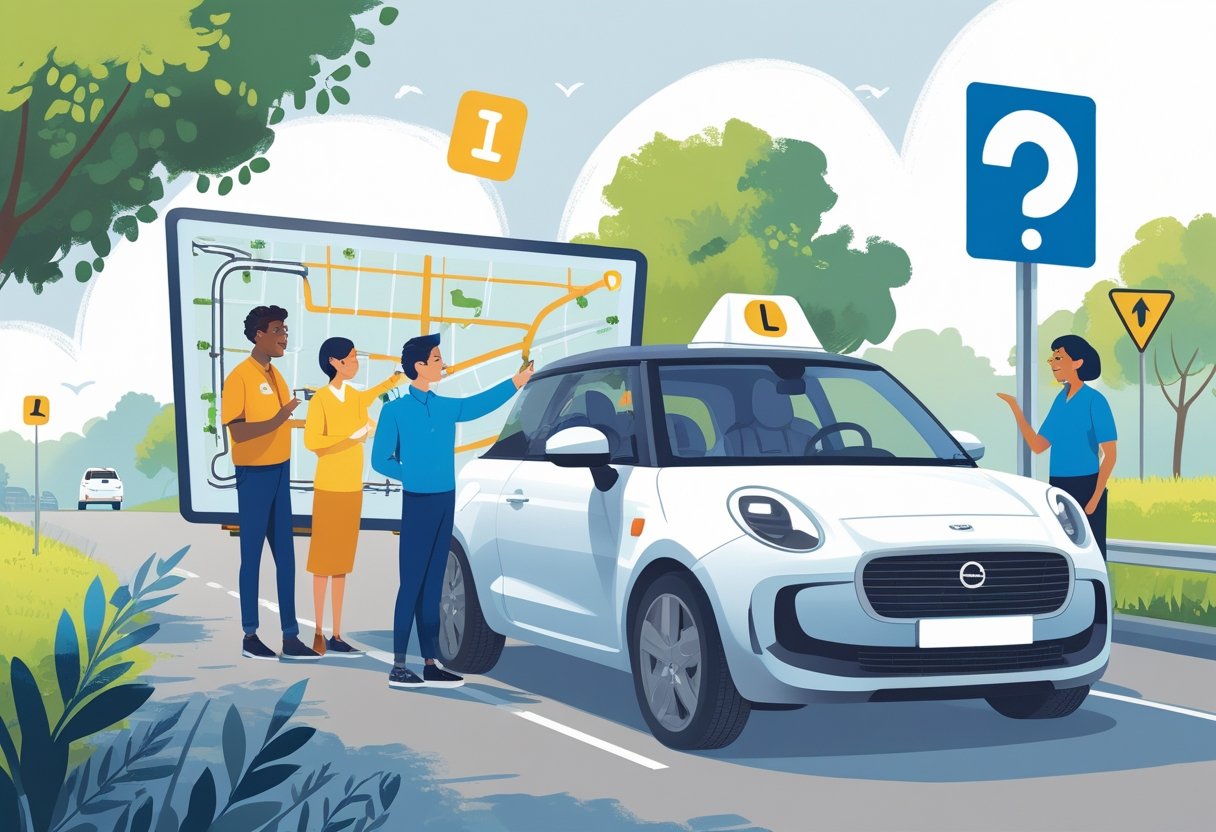 A driving instructor teaching a learner with dyslexia beside a car in a safe, open environment with clear road signs.