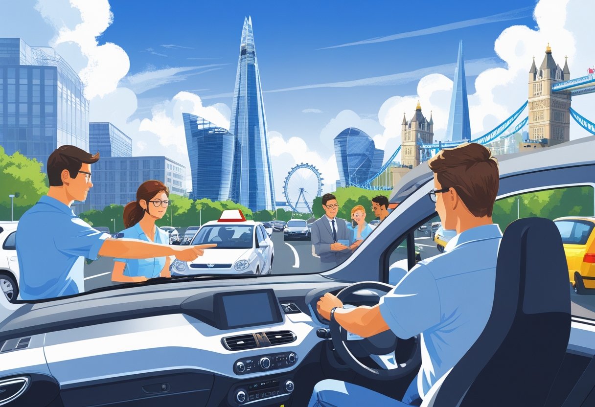 A driving instructor teaching a learner driver in a car with London landmarks in the background.
