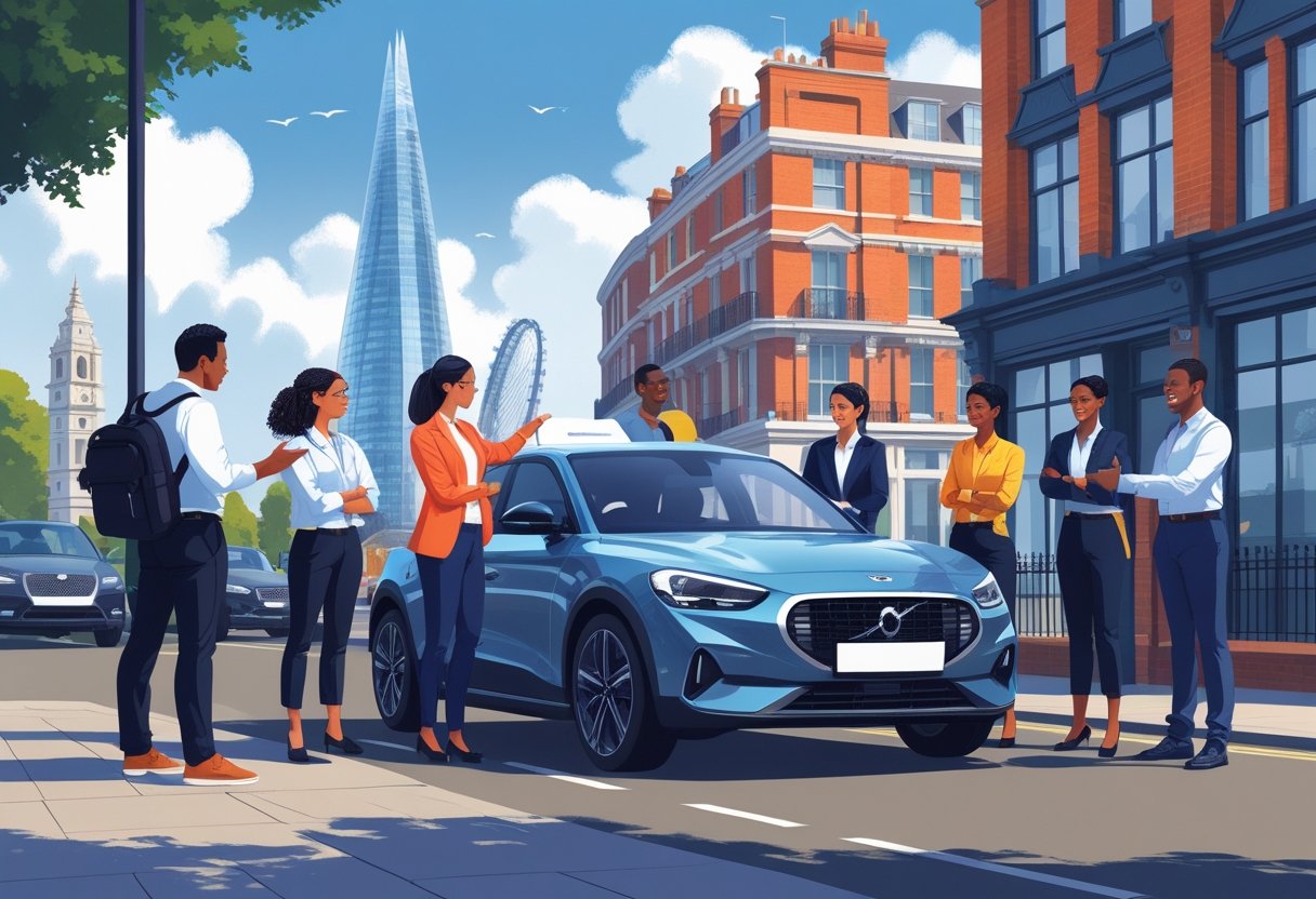 A group of London workers standing by a car on a city street with a driving instructor explaining something, with London landmarks in the background.