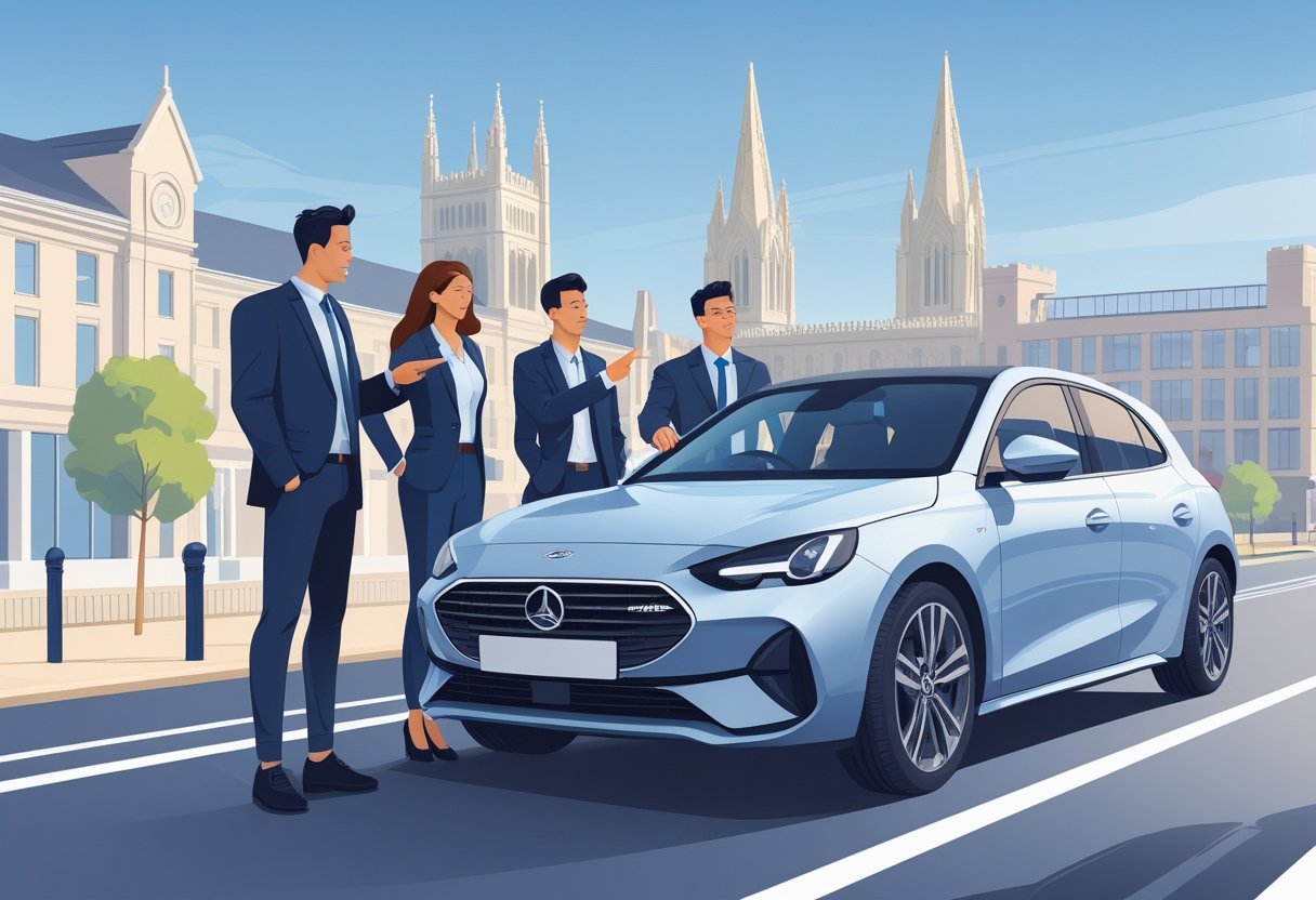 A group of professionals with a driving instructor beside a car on a city street with Manchester buildings in the background.