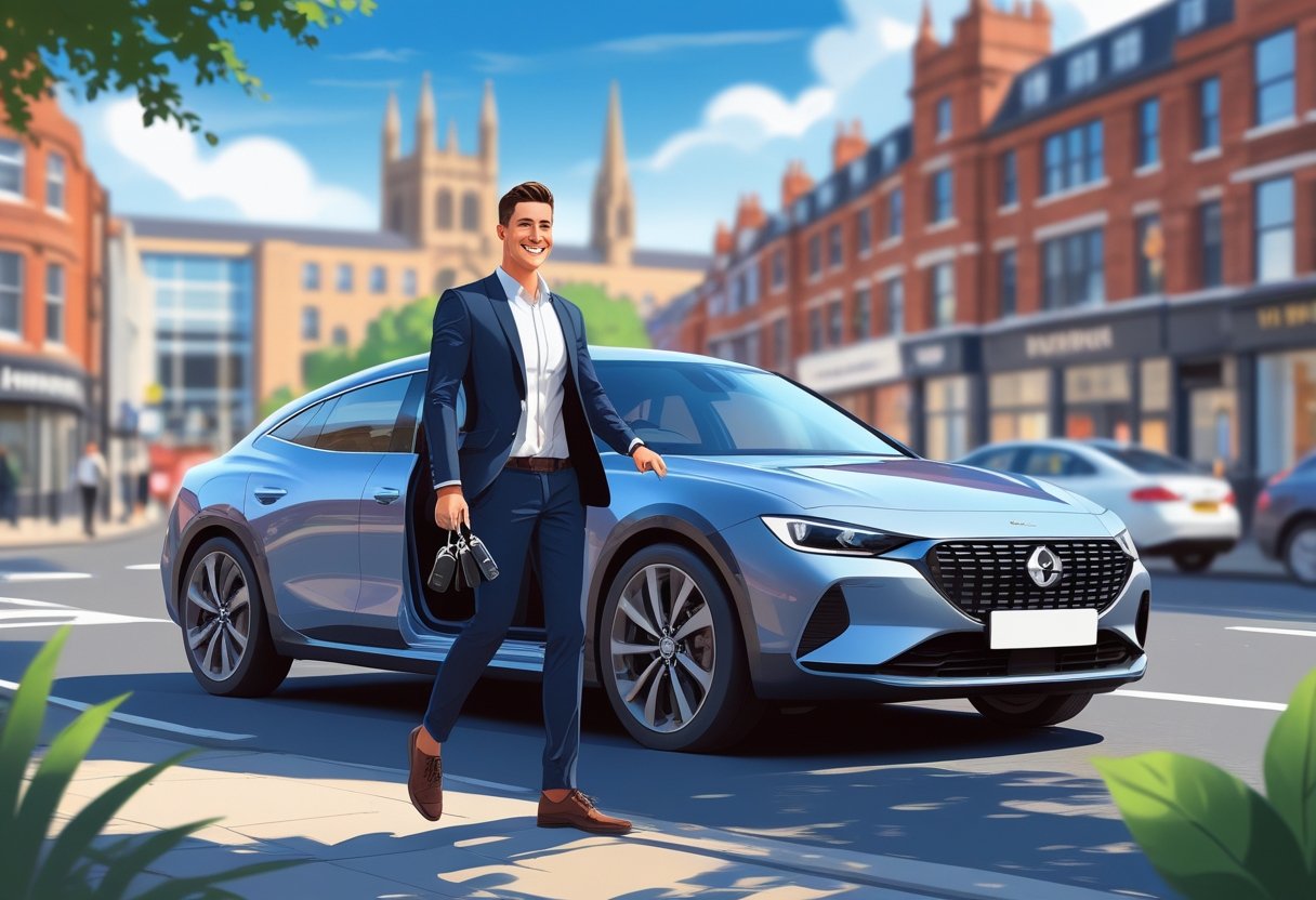 A business professional in smart clothes getting into a car on a city street with Manchester buildings in the background.