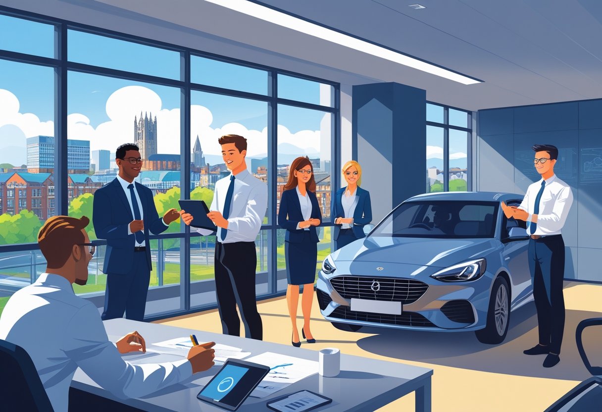 A group of business professionals in an office with a view of Manchester city, learning driving skills from an instructor using a tablet and a driving simulator.