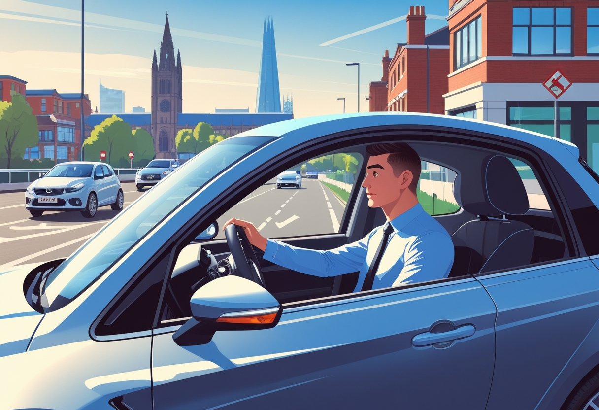 A young professional learner driver and instructor inside a car with Manchester city landmarks visible outside, driving in an urban setting.