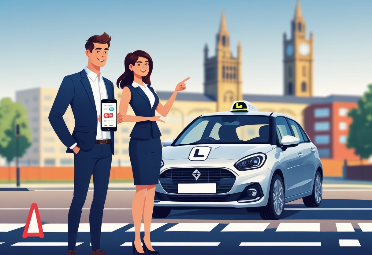 A young professional man and woman standing beside a car on a city street with Manchester buildings in the background, preparing for a driving lesson.