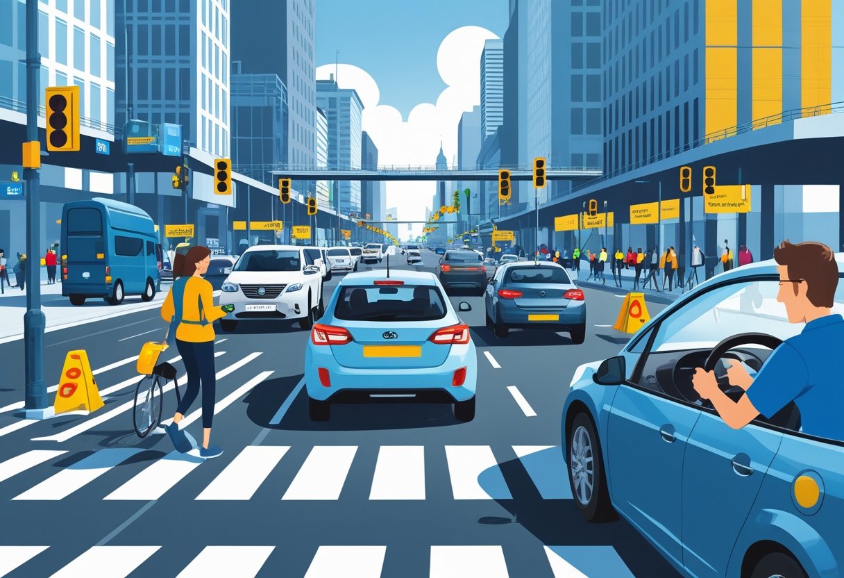 A busy city street showing traffic congestion, pedestrians, and a driving instructor teaching a learner driver in a car.