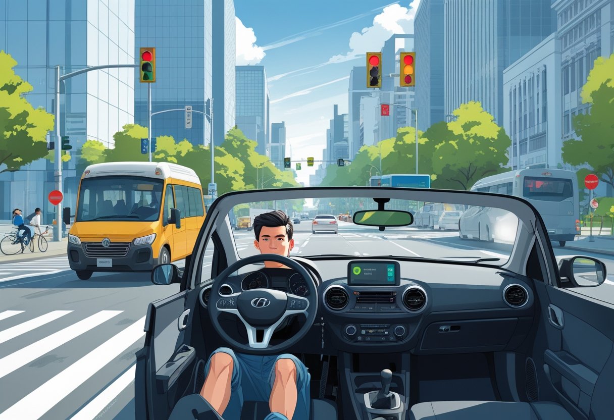 A person driving a car through a busy city street with buildings, traffic lights, and other vehicles around.