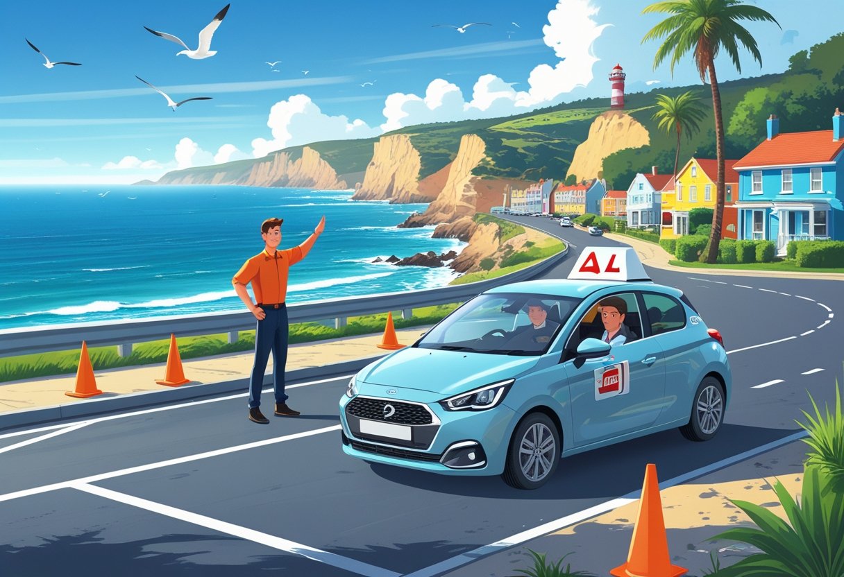 A driving instructor helps a young learner in a car near a coastal road with the ocean, cliffs, and a lighthouse in the background.