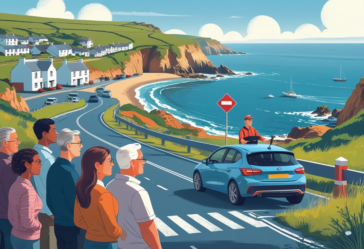 A coastal town with residents near a winding coastal road where a driving instructor is teaching a learner to drive, showing the town's challenges and support.