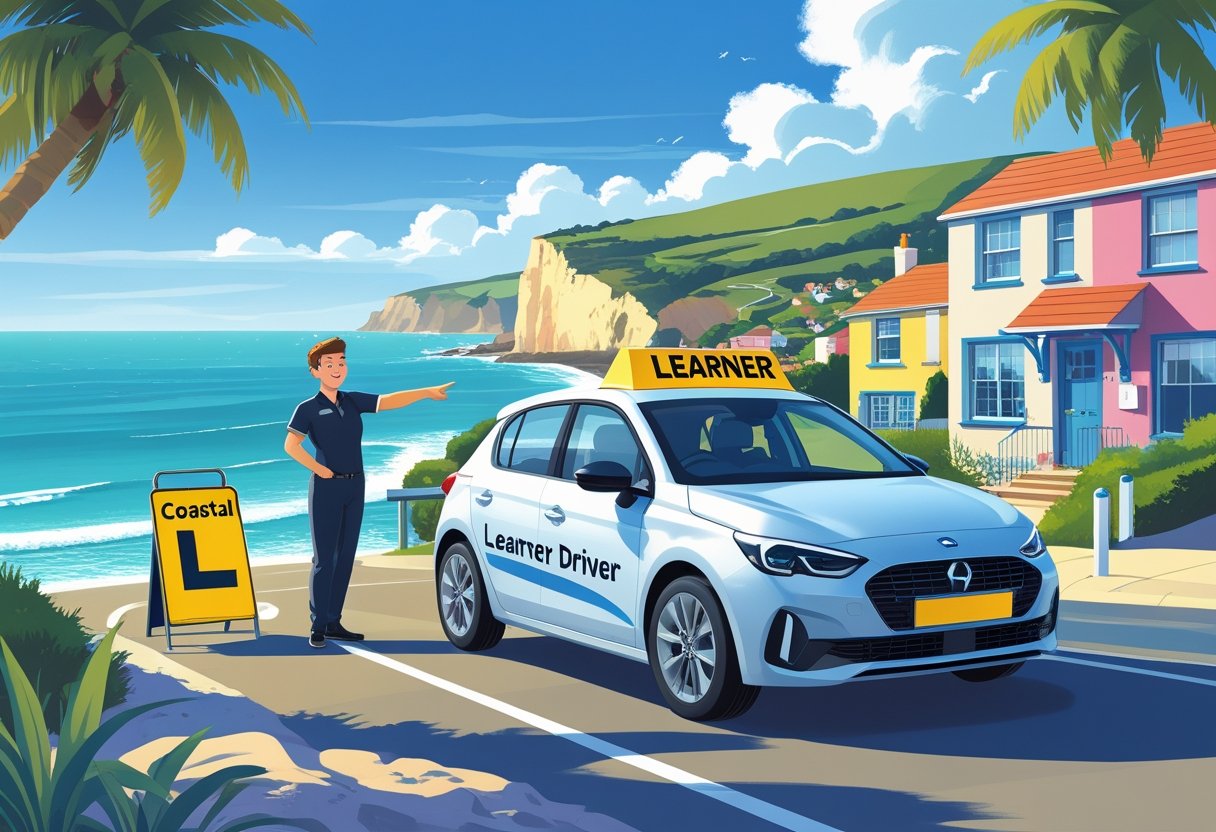 A driving instructor stands beside a learner driver’s car near a coastal road with houses and the sea in the background.