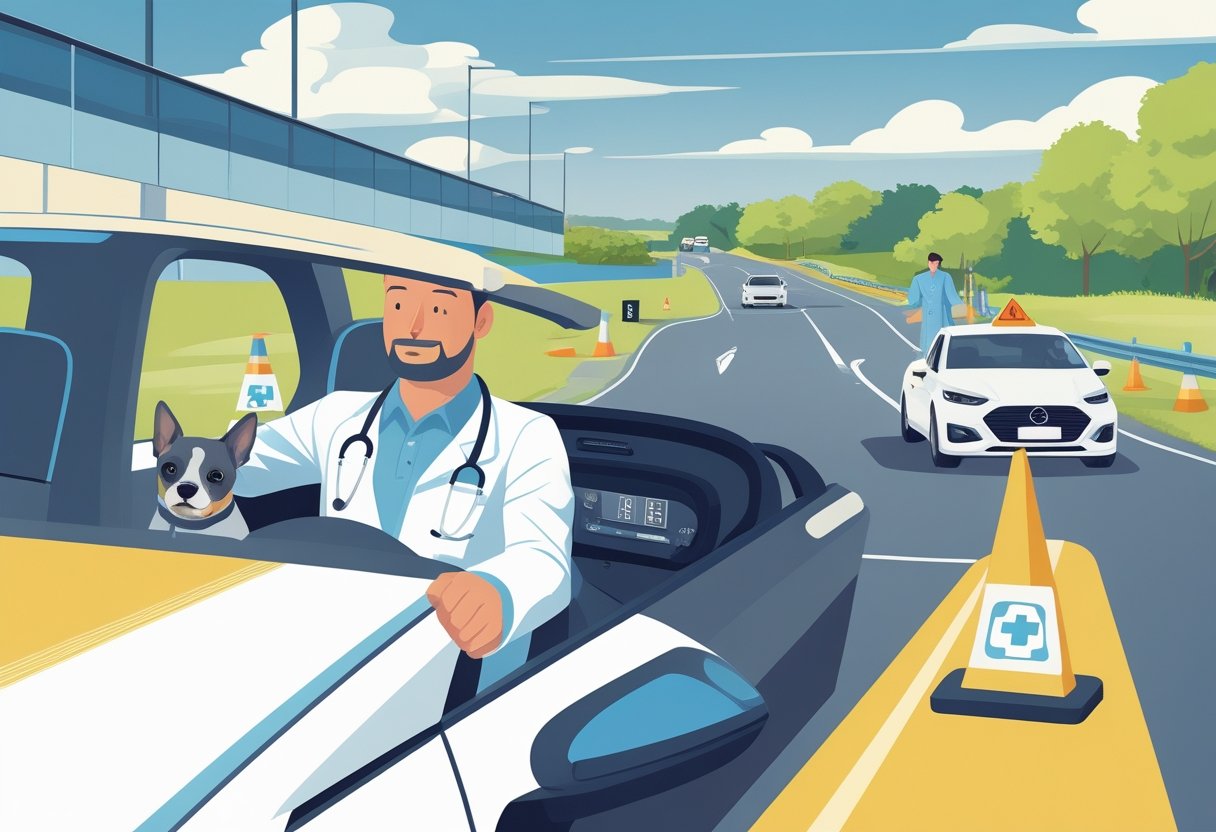 A veterinarian in a white coat driving a car with a driving instructor beside them and a small dog in the passenger seat during a driving lesson.