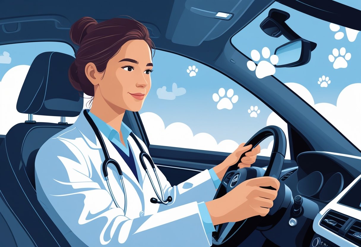 A veterinarian wearing a white coat and stethoscope driving a car on a clear road with animal shapes subtly visible in the background.
