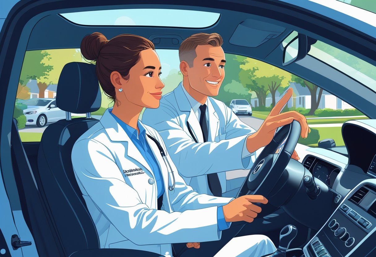 A veterinarian receiving driving instruction inside a car from an instructor on a suburban street.