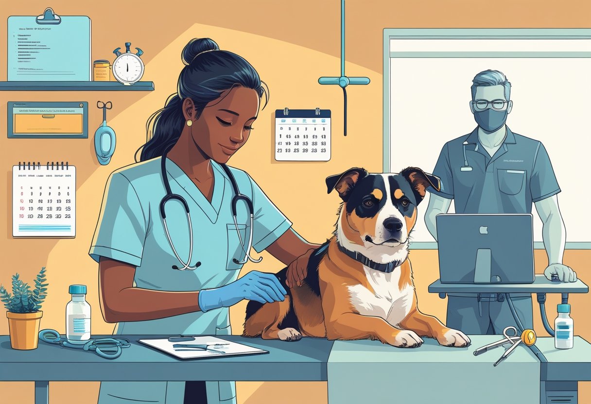 A veterinarian examining a dog in a clinic while being guided by an instructor using a driving simulator, with medical equipment and patient notes nearby.