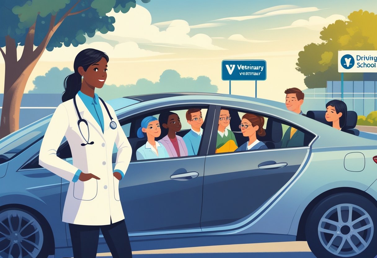 A veterinarian standing next to a car with learners inside, preparing for a driving lesson in a suburban setting.
