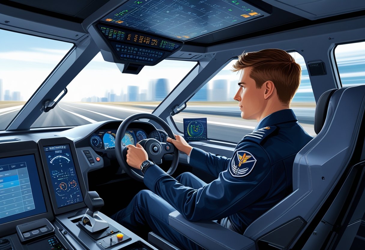 A pilot in uniform seated in a high-tech driving simulator cockpit with controls and screens, training in a modern facility.
