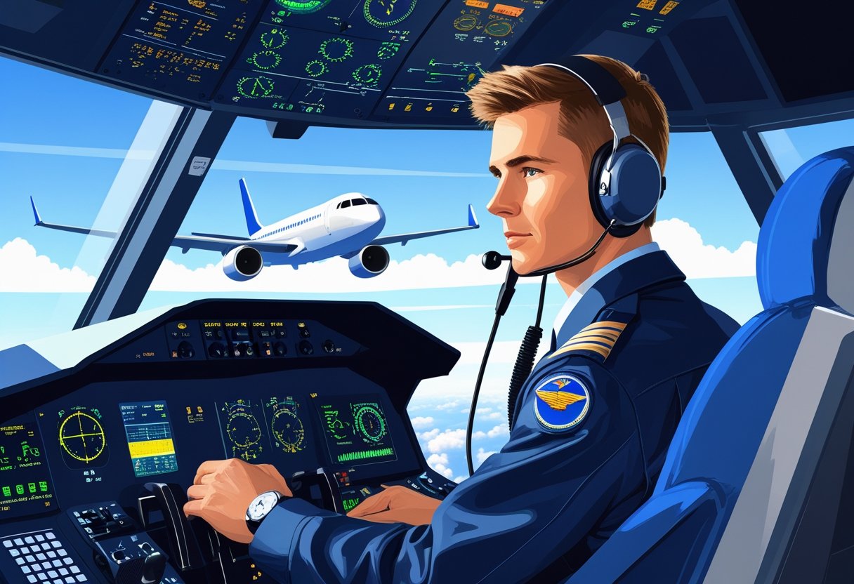 A pilot wearing a uniform and headset sits in a flight simulator cockpit with flight controls and displays, looking focused with an airplane visible through the window.