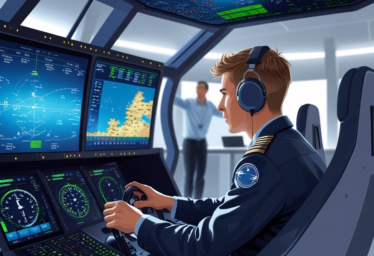 A pilot focused in a flight simulator cockpit with an instructor pointing at a flight map on a screen in the background.