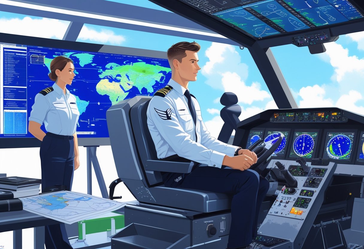 A pilot in a flight simulator cockpit with an instructor nearby, surrounded by aviation instruments and a large map screen, in a training environment.